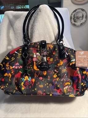 Vintage Piero Guidi Magic Circus Print Satchel bag; working lock w/keys & charm